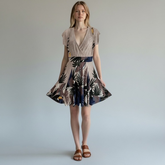 Dress tropical vacation toucan print V neck faux wrap front size Med Brazil - Picture 2 of 16